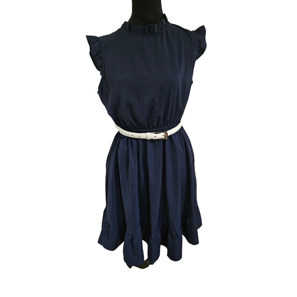 NWT Honeca Navy Blue Ruffle Neck Mini Dress Sleeveless Elastic Waist Boutique M
